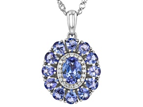 Blue Tanzanite with White Moissanite Rhodium Over Sterling Silver Pendant with Chain 2.75ctw