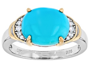 Blue Sleeping Beauty Turquoise With White Moissanite Rhodium & 18K Gold Over Silver Ring 0.09ctw