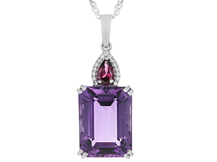 Purple Canela Amethyst With Rhodolite & White Zircon Rhodium Over Silver Pendant/Chain 9.87ctw