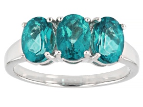 Blue Paraiba Color Topaz Rhodium Over Sterling Silver 3 Stone Ring 2.29ctw