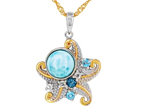 Blue Larimar Rhodium and 18K Yellow Gold Over Sterling Silver Pendant with Chain 0.37ctw