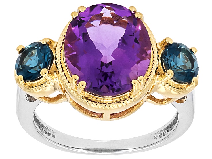 Purple Canela Amethyst with London Blue Topaz Rhodium and 18K Yellow Gold Over Ring 4.81ctw