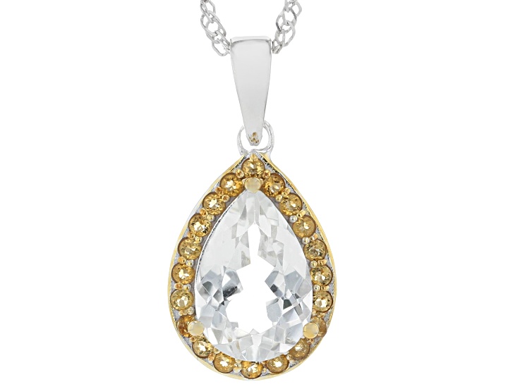 White Topaz Rhodium & 18k Yellow Gold Over Sterling Silver Pendant With Chain 3.48ctw