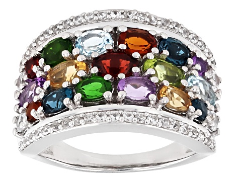 Multi Gemstone Rhodium Over Sterling Silver Ring 3.30ctw