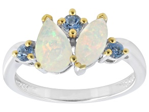 Ethiopian Opal with Ofiki Aquamarine Rhodium and 18K Yellow Gold Over Silver Ring 0.89ctw