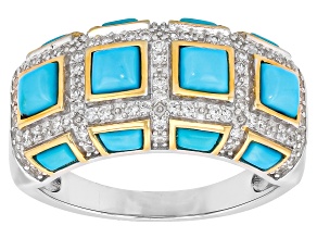 Blue Kingman Turquoise with White Zircon Rhodium Over Sterling Silver Two-tone Inlay Ring 1.09ctw