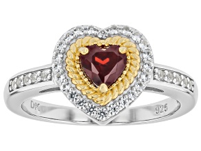 Red Garnet with White Lab Created Sapphire Rhodium and 18K Yellow Gold Over Silver Ring 0.66ctw