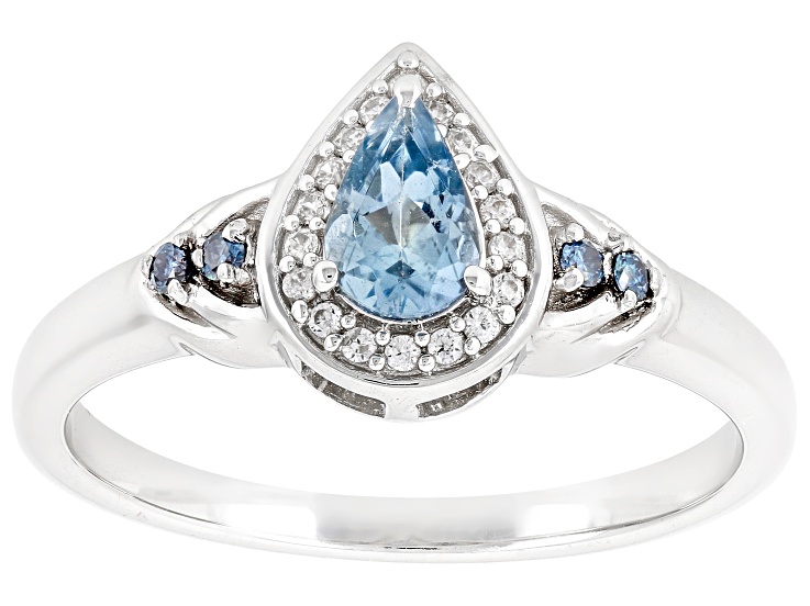 Offiki Aquamarine with Moissanite and Zircon Rhodium Over Sterling Silver Ring 0.41ctw