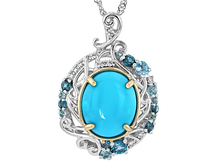 Blue Sleeping Beauty Turquoise Rhodium & 18K Yellow Gold Over Silver Pendant With Chain 0.65ctw