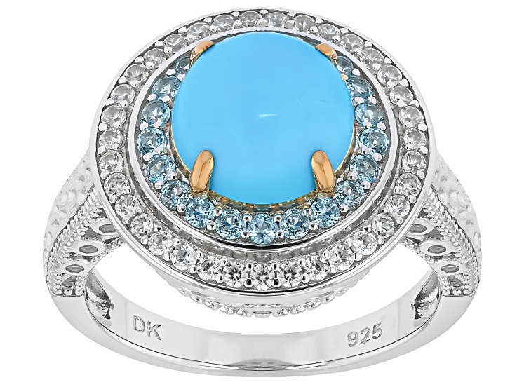 Blue Sleeping Beauty Turquoise Rhodium & 18K Yellow Gold Over Sterling Silver Halo Ring 1.07ctw