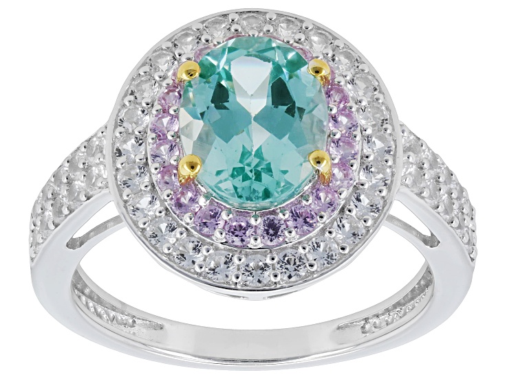 Green Lab Spinel with White And Pink Lab Sapphire Rhodium Over Silver Two-Tone Ring 2.86ctw