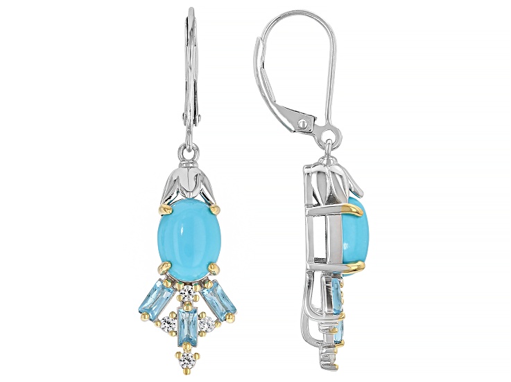 Blue Sleeping Beauty Turquoise Rhodium & 18K Yellow Gold Over Sterling Silver Earrings 0.64ctw