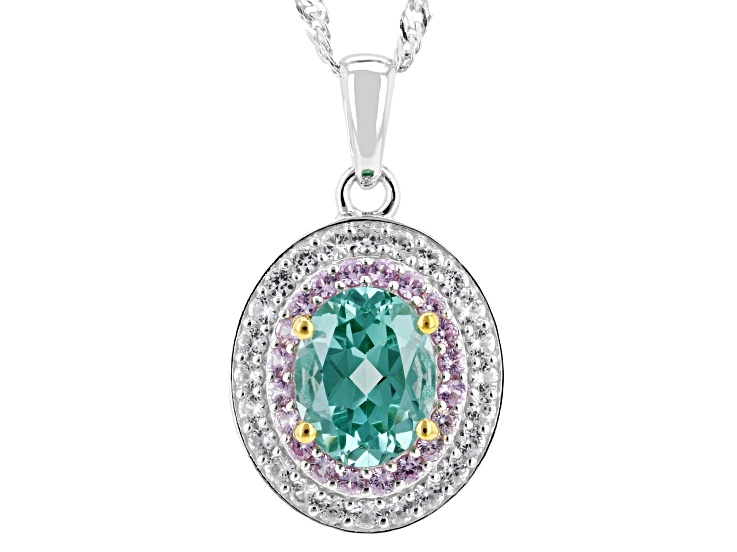 Green Lab Created Spinel Rhodium Over Sterling Silver Two-Tone Double Halo Pendant 2.82ctw