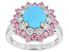 Blue Sleeping Beauty Turquoise With White & Pink Moissanite Rhodium Over Silver Halo Ring 2.48ctw