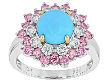 Picture of Blue Sleeping Beauty Turquoise With White & Pink Moissanite Rhodium Over Silver Halo Ring 2.48ctw