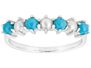 Blue Sleeping Beauty Turquoise With Cultured Seed Pearl Rhodium Over Sterling Silver Ring