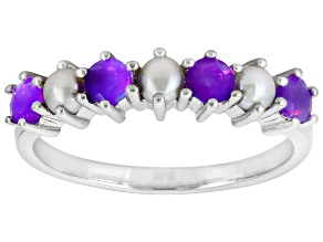 Purple Ethiopian Opal With White Cultured Freshwater Pearl Rhodium Over Silver Ring 0.24ctw