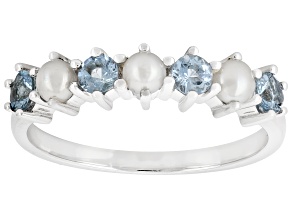 Blue Ofiki Aquamarine With 3mm White Cultured Seed Pearl Rhodium Over Silver Ring 0.32ctw