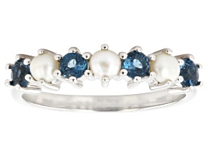 London Blue Topaz With White Cultured Seed Pearl Rhodium Over Sterling Silver Ring 0.32ctw
