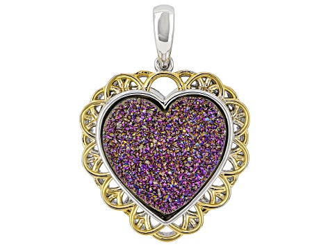 Purple Drusy Quartz Rhodium and 18K yellow Gold Over Sterling Silver Pendant 6.84ctw