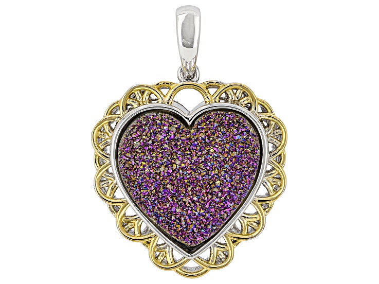 Purple Drusy Quartz Rhodium and 18K yellow Gold Over Sterling Silver Pendant 6.84ctw