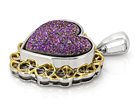 Purple Drusy Quartz Rhodium and 18K yellow Gold Over Sterling Silver Pendant 6.84ctw