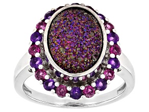 Purple Drusy with African Amethyst and Rhodolite Rhodium Over Sterling Silver Ring 3.99ctw