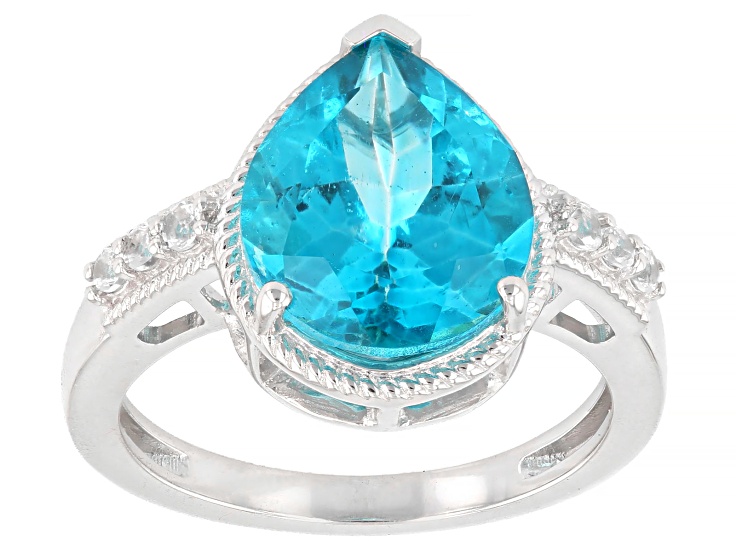 Paraiba Color Topaz With White Topaz Rhodium Over Sterling Silver Ring 4.11ctw