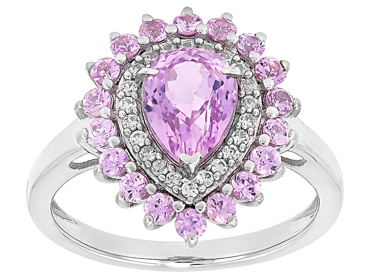 Pink Kunzite With Pink Sapphire & White Zircon Rhodium Over Sterling Silver Ring 1.81ctw