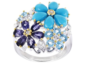 Blue Sleeping Beauty Turquoise Rhodium Over Sterling Silver Cluster Ring 1.97ctw