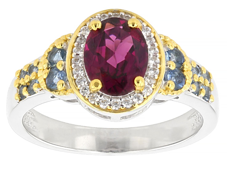 Grape Color Rhodolite Rhodium and 18K Yellow Gold Over Sterling Silver Ring 1.62ctw