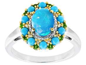 Paraiba Blue Ethiopian Opal Rhodium Over Sterling Silver Halo Ring