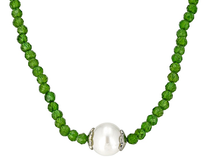 Chrome Diopside with Cultured Fresh water Pearl Rhodium Over Sterling Silver Necklace 30Ctw