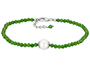 Green Chrome Diopside with Cultured Fesh Water Pearl Rhodium Over Sterling Silver Bracelet 12Ctw