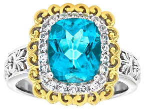 Blue Paraiba Color Topaz With White Topaz Rhodium & 18K Yellow Gold Over Silver Ring 3.34ctw