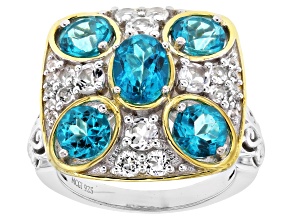 Blue Paraiba Coated Topaz With White Topaz Rhodium & 18K Yellow Gold Over Silver Ring 2.26ctw
