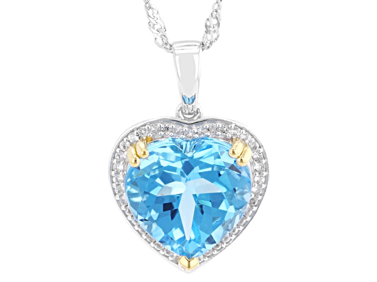 Swiss Blue Topaz with White Topaz Rhodium & 18K Yellow Gold Over Silver Pendant with Chain 4.87ctw