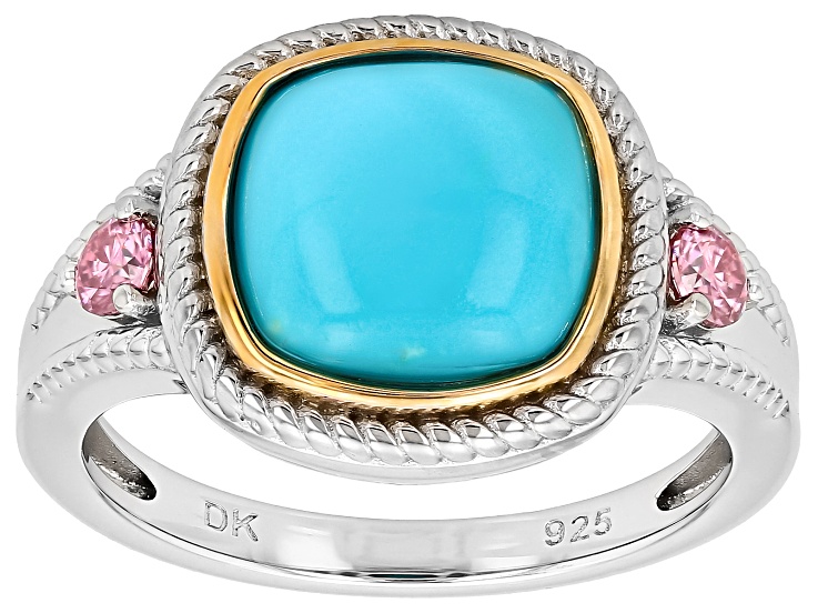 Blue Sleeping Beauty Turquoise Rhodium & 18K Yellow Gold Over Sterling Silver Ring 0.19ctw