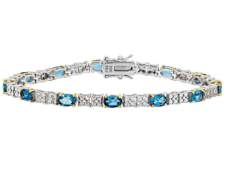 London Blue Topaz with Zircon Rhodium and 18K Yellow Gold Over Sterling Silver Bracelet 6.43