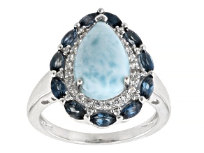 Larimar With London Blue Topaz and Zircon Rhodium Over Sterling Silver Ring 0.65ctw