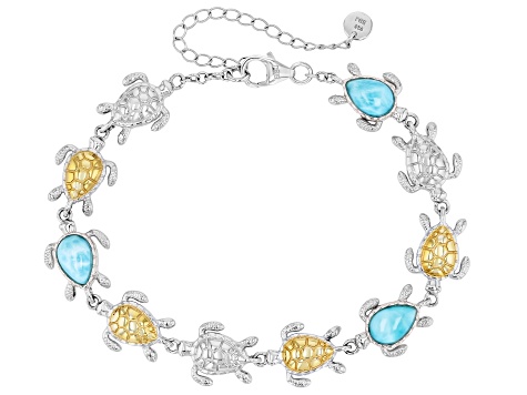 Blue Larimar Rhodium Over Sterling Silver Two-Tone Bracelet 9x6mm