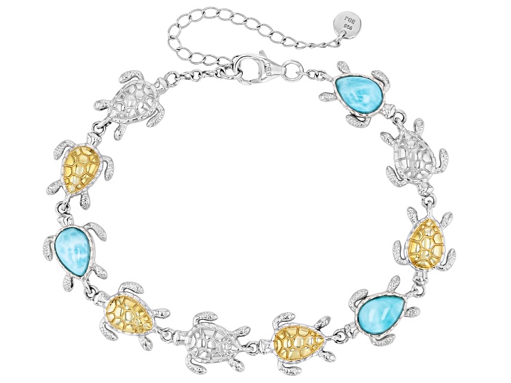 Blue Larimar Rhodium Over Sterling Silver Two-Tone Bracelet 9x6mm