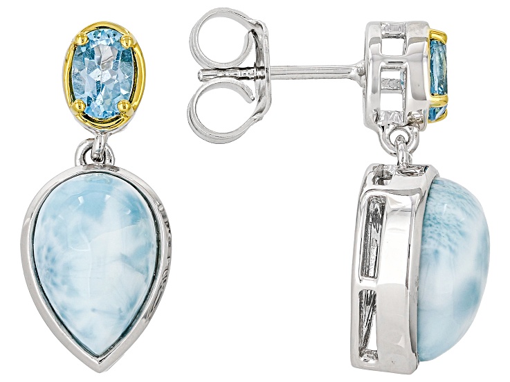 Larimar with Swiss Blue Topaz Rhodium and 18K Yellow Gold Over Sterling Silver Earrings 0.90ctw