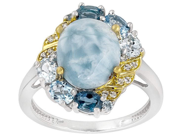 Larimar with Multi Topaz and Zircon Rhodium and 18K Yellow Gold Over Sterling Silver Ring 1.00ctw