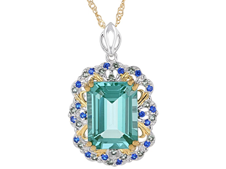 Green Lab Created Spinel Rhodium & 18k Yellow Gold Over Silver Pendant with Chain 9.95ctw
