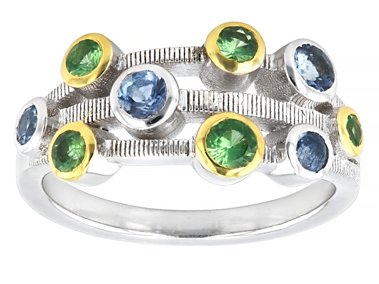 Blue Ofiki Nigerian Aquamarine Rhodium Over Silver Two-Tone Scatter Design Ring 0.59ctw