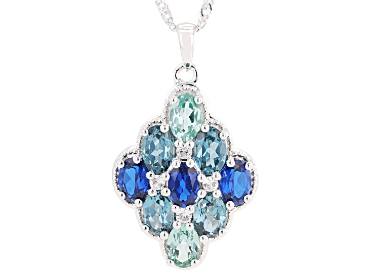 Green, Blue, & Teal Lab Spinel With White Zircon Rhodium Over Silver Pendant With Chain 4.44ctw