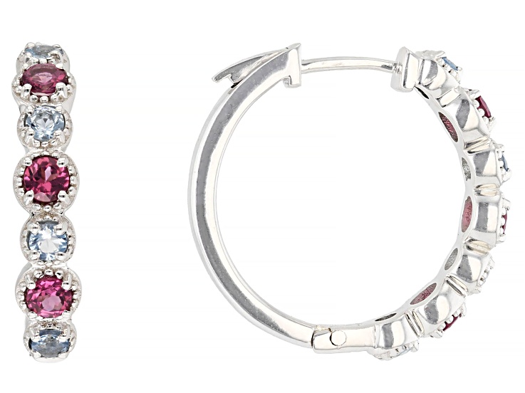 Grape Color Rhodolite with Blue Ofiki Aquamarine Rhodium Over Sterling Silver Hoop Earrings 1.16ctw