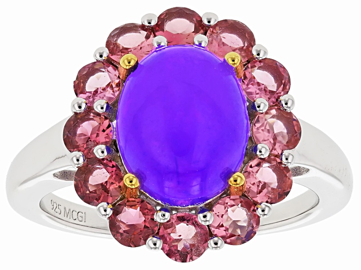 Purple Ethiopian Opal with Pink Tourmaline Rhodium and 18K Yellow Gold Over Silver Ring 2.37ctw