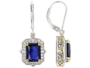 Blue Lab Created Sapphire Rhodium Over Sterling Silver Two-Tone Earrings 3.91ctw